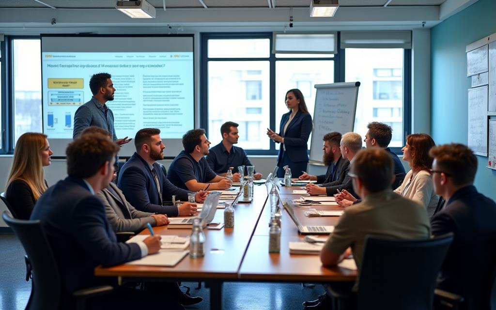 Empleados participando en un taller de formación corporativa.